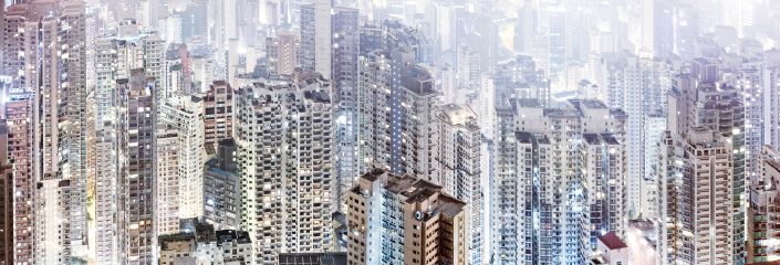 Hong Kong Midlevels density skyscrapers at fog
