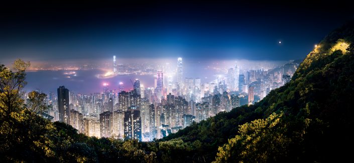 Panorama view over Hong Kong Island from the peak at night